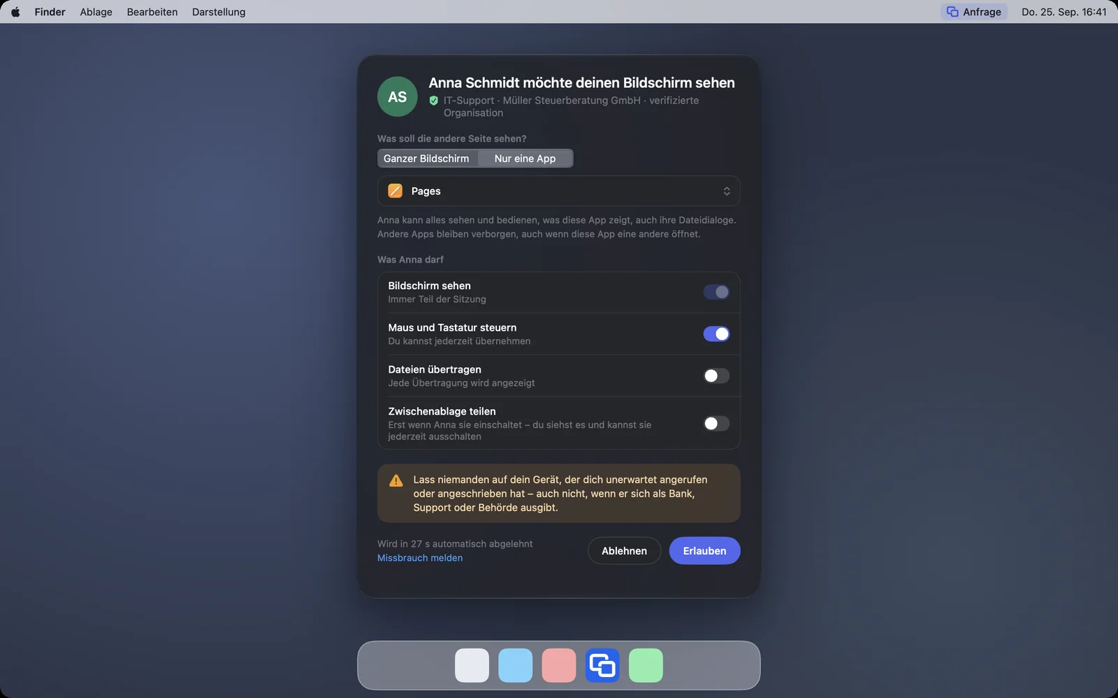 Die Anfrage mit „Nur eine App“ und der gewählten App Pages