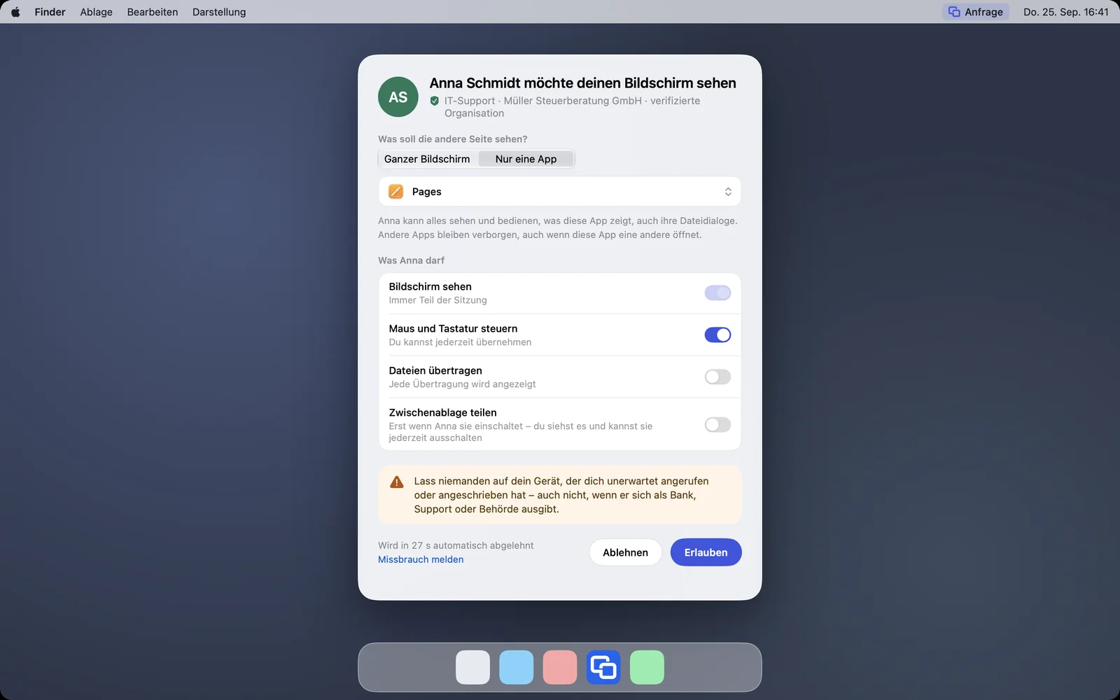 Die Anfrage mit „Nur eine App“ und der gewählten App Pages