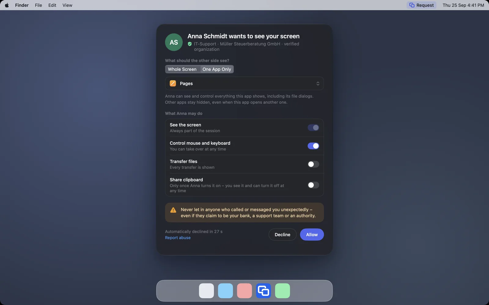 The request with “One App Only” and the chosen app Pages