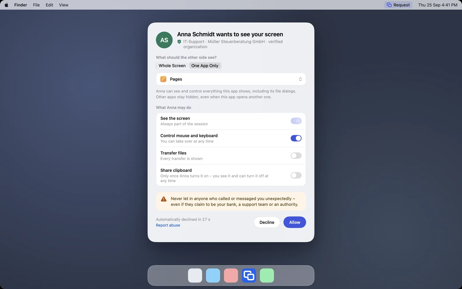The request with “One App Only” and the chosen app Pages