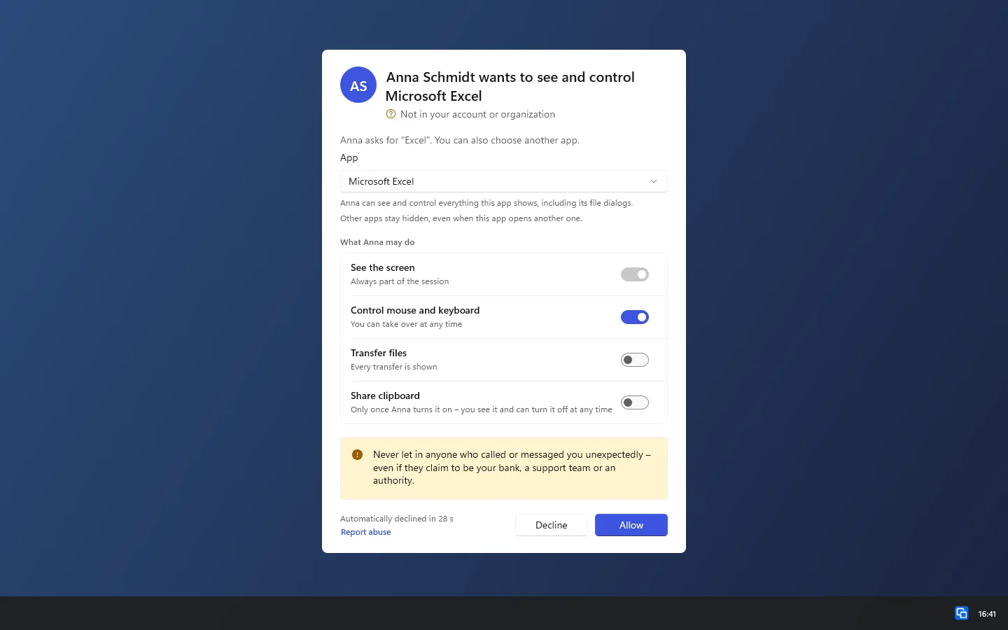 The request with the app picker: Anna asks for Excel, Microsoft Excel is already chosen