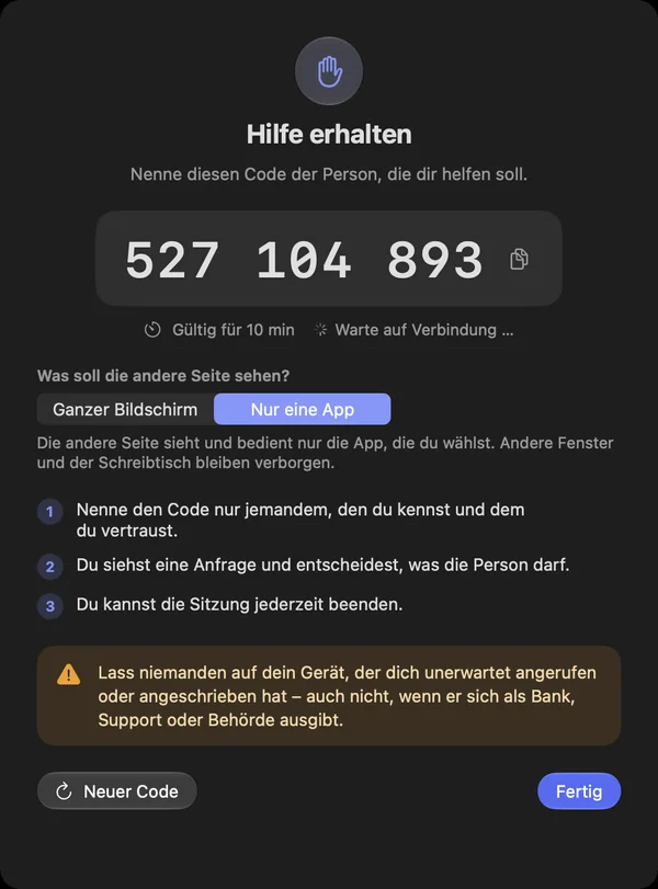 „Hilfe erhalten“ mit dem Code und der Wahl „Nur eine App“