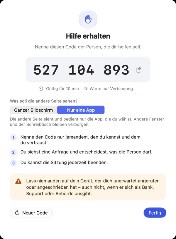 „Hilfe erhalten“ mit dem Code und der Wahl „Nur eine App“