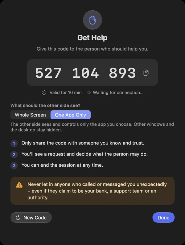 “Get Help” with the code and the choice “One App Only”