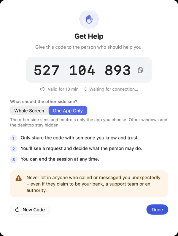 “Get Help” with the code and the choice “One App Only”