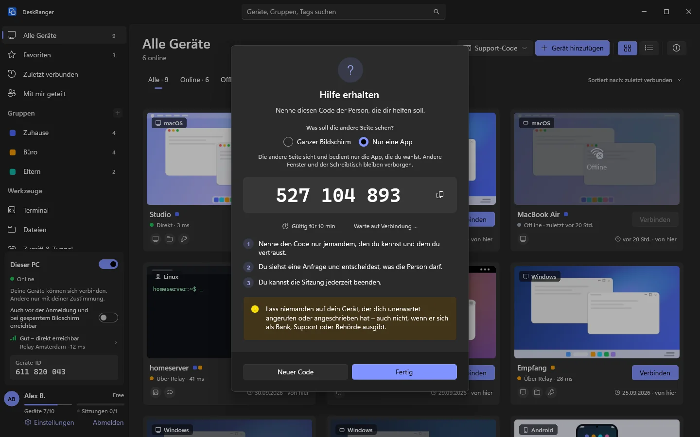 „Hilfe erhalten“ mit dem Code und der Wahl „Nur eine App“