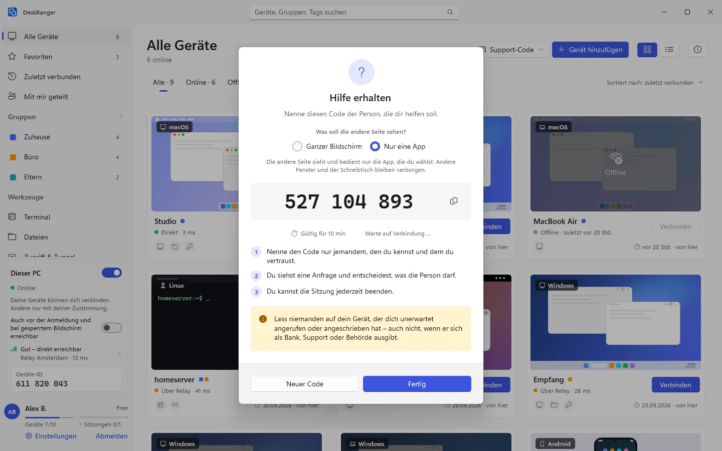 „Hilfe erhalten“ mit dem Code und der Wahl „Nur eine App“