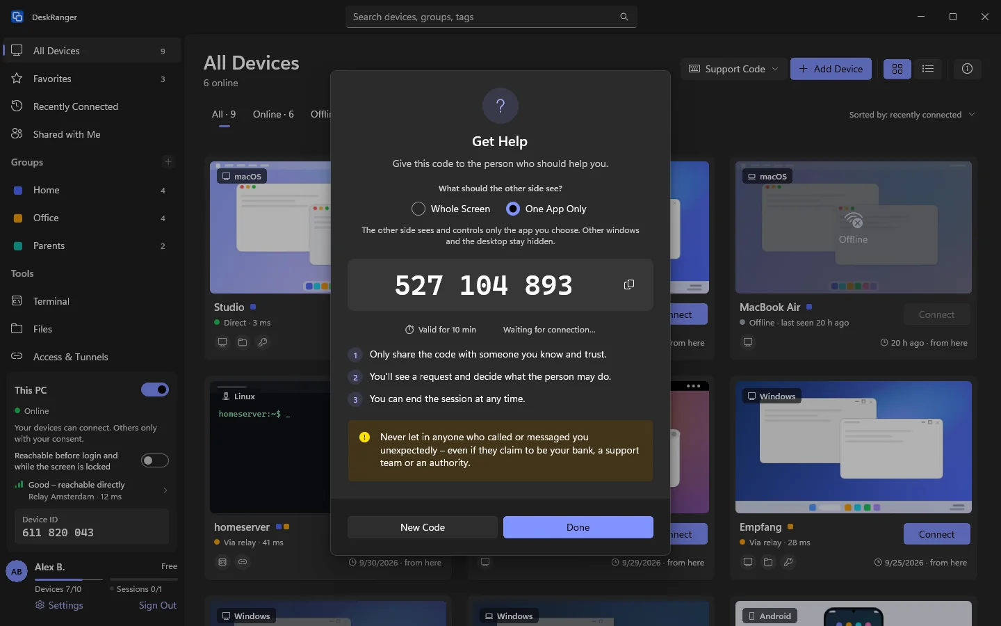“Get Help” with the code and the choice “One App Only”