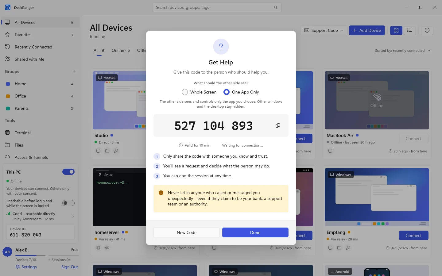 “Get Help” with the code and the choice “One App Only”