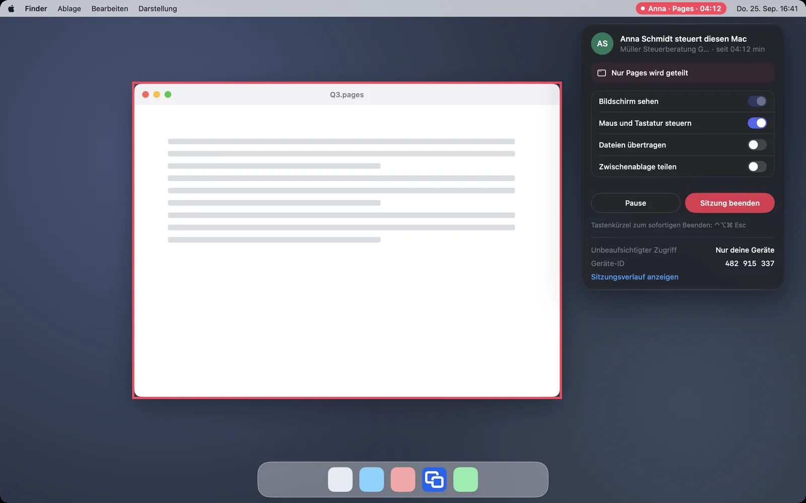 Der rote Rahmen um das Fenster von Pages, die Menüleiste nennt die App, das Menü sagt „Nur Pages wird geteilt“