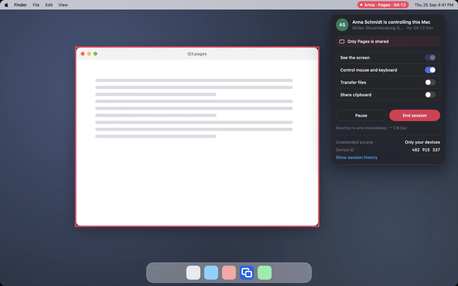 The red frame around the Pages window, the menu bar names the app, the menu says “Only Pages is shared”