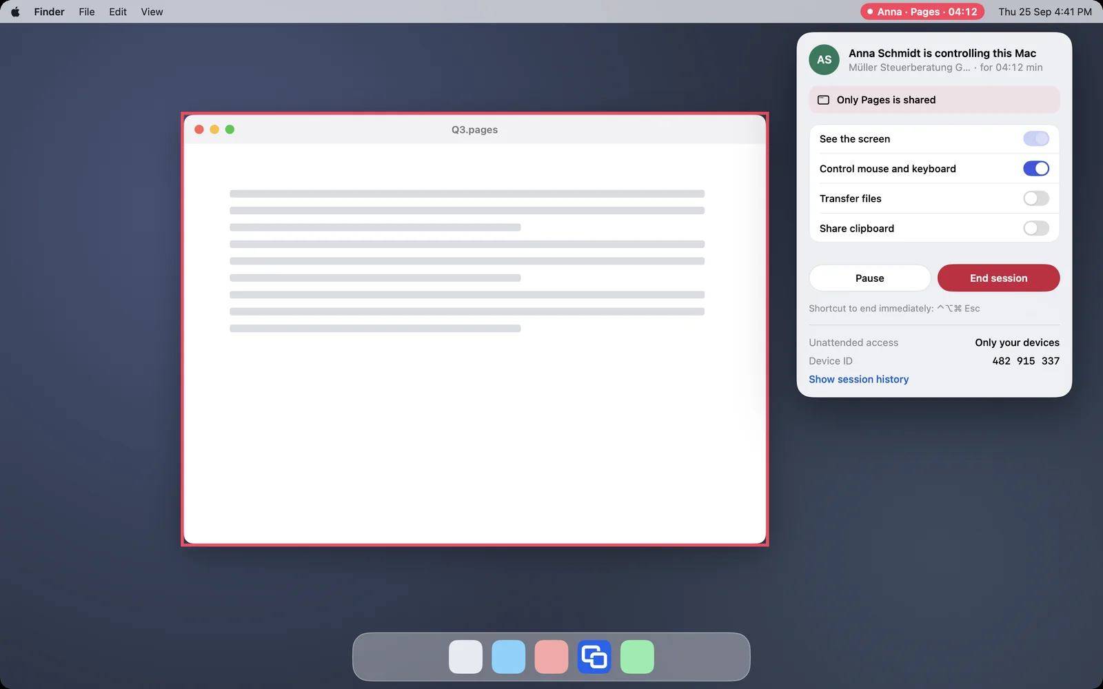 The red frame around the Pages window, the menu bar names the app, the menu says “Only Pages is shared”