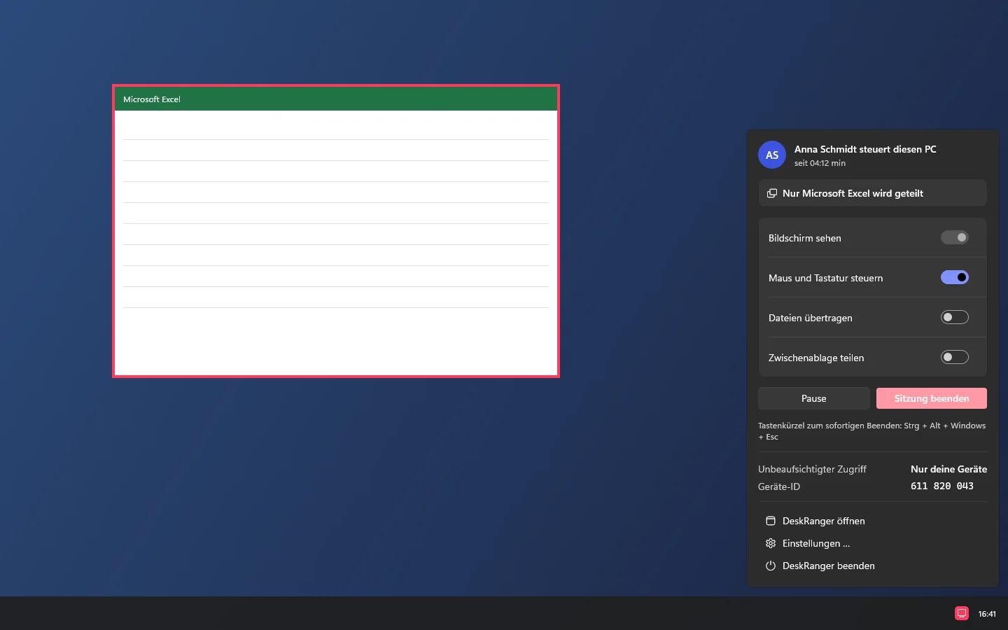Der rote Rahmen um das Fenster von Microsoft Excel, das Menü sagt „Nur Microsoft Excel wird geteilt“
