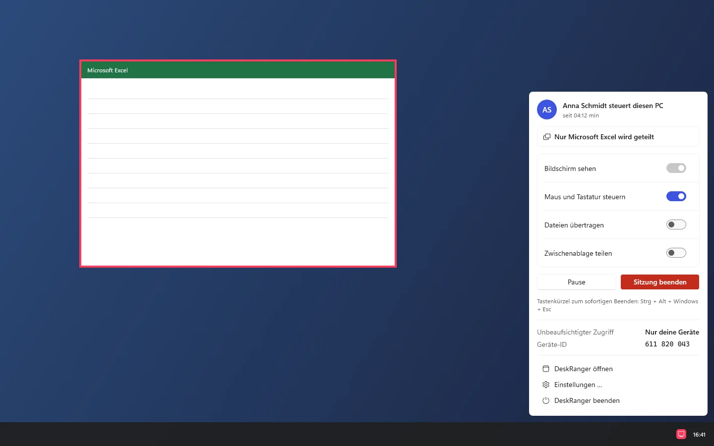 Der rote Rahmen um das Fenster von Microsoft Excel, das Menü sagt „Nur Microsoft Excel wird geteilt“