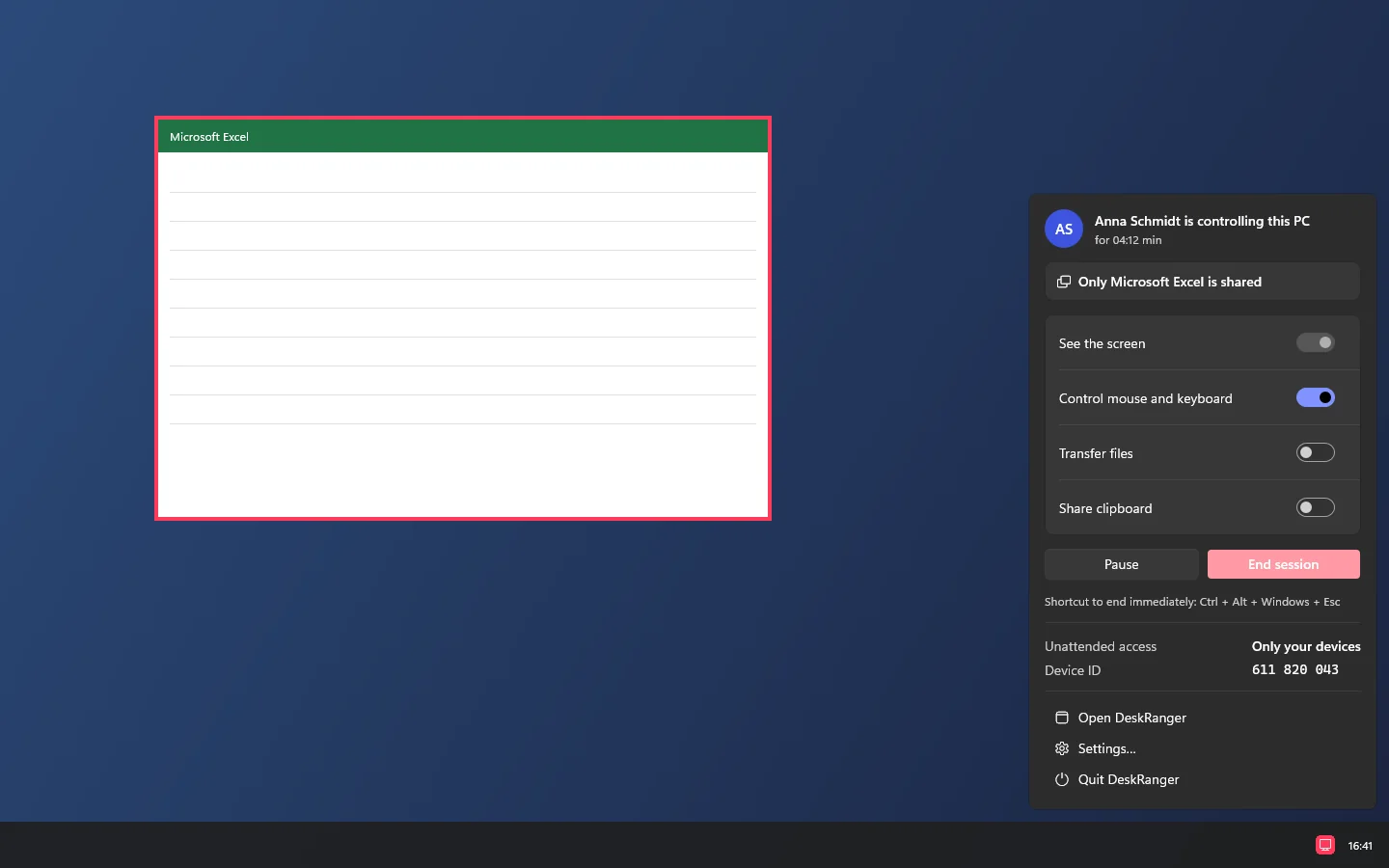 The red frame around the Microsoft Excel window, the menu says “Only Microsoft Excel is shared”