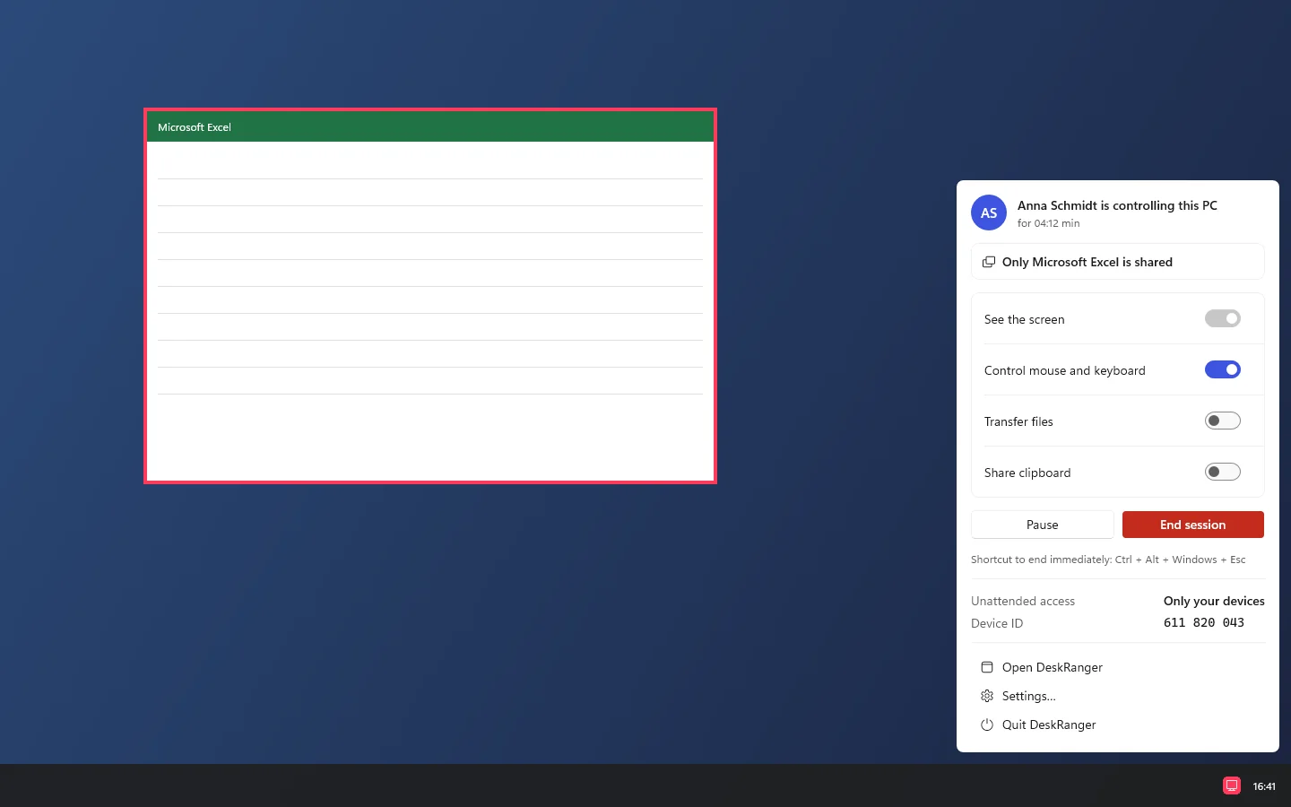 The red frame around the Microsoft Excel window, the menu says “Only Microsoft Excel is shared”