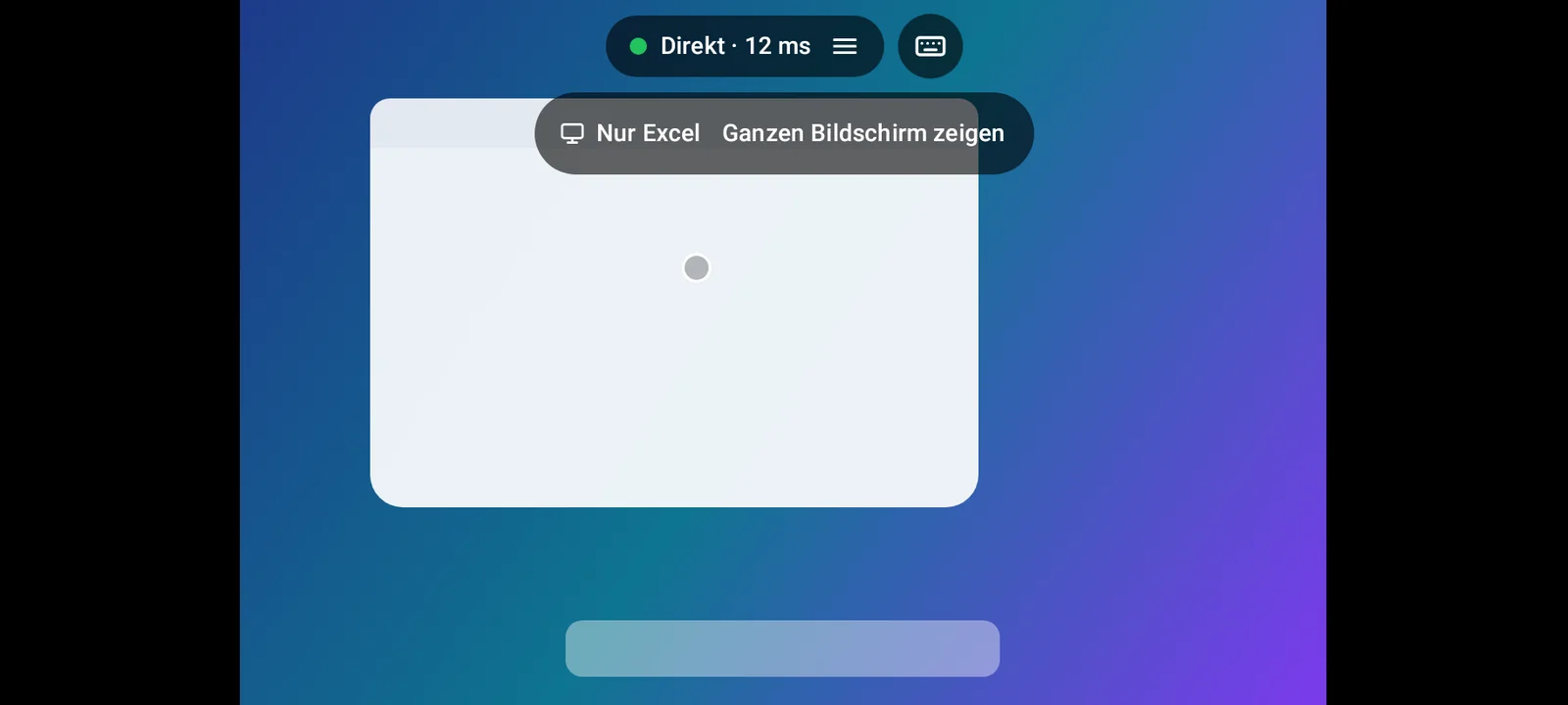 Eine Sitzung auf dem Smartphone, die nur eine App zeigt: oben die Werkzeugleiste, darunter „Nur Excel“ mit „Ganzen Bildschirm zeigen“