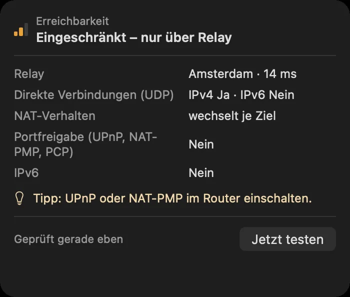 Verbindungsdetails: direkt oder über ein Relay, Ende-zu-Ende verschlüsselt