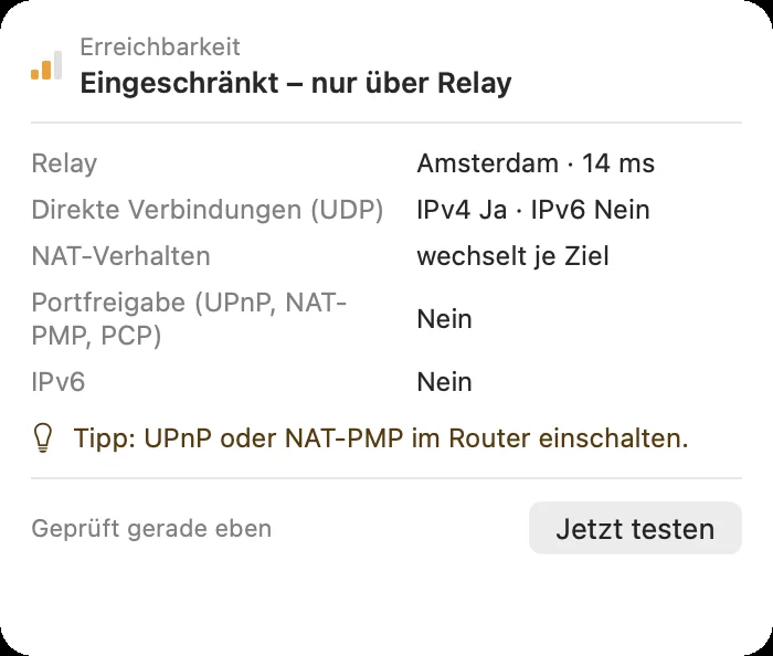 Verbindungsdetails: direkt oder über ein Relay, Ende-zu-Ende verschlüsselt