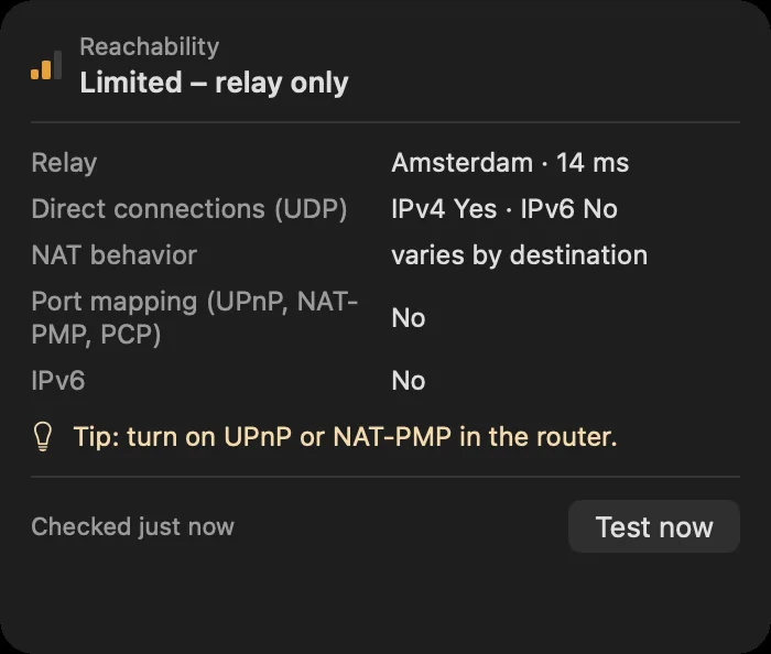 Connection details: direct or through a relay, end-to-end encrypted