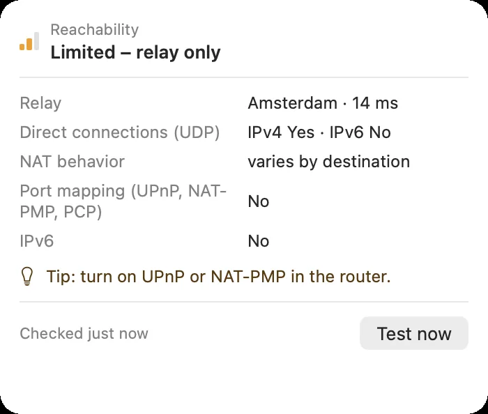 Connection details: direct or through a relay, end-to-end encrypted