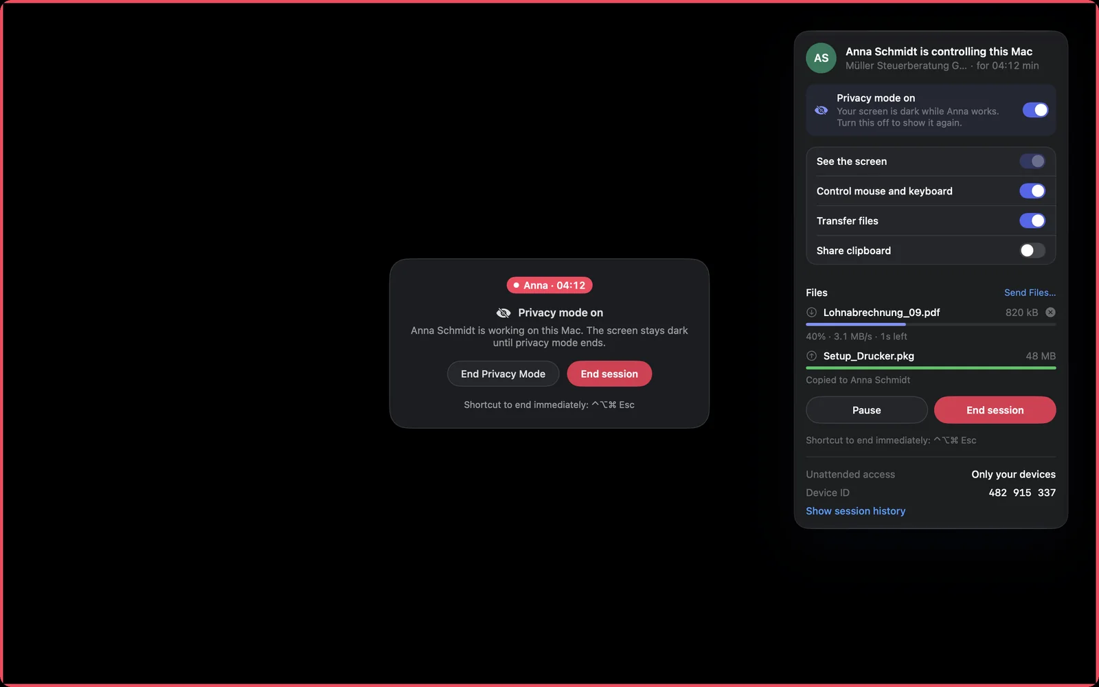 Privacy mode on the Mac: dark screen with a notice