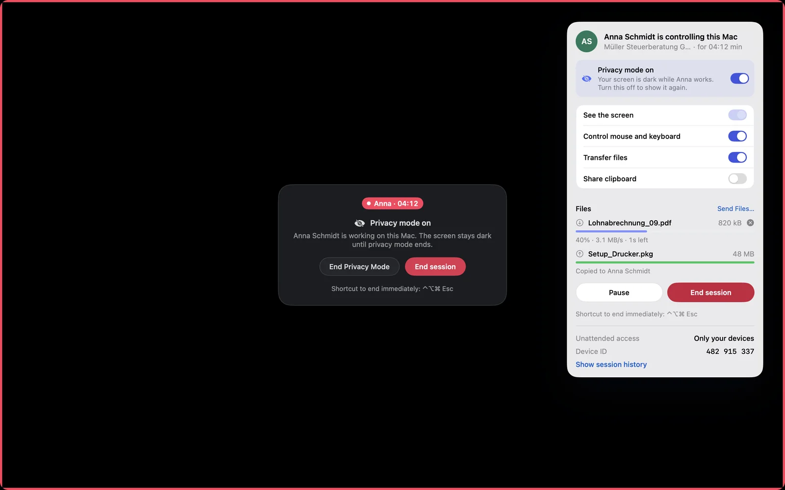 Privacy mode on the Mac: dark screen with a notice