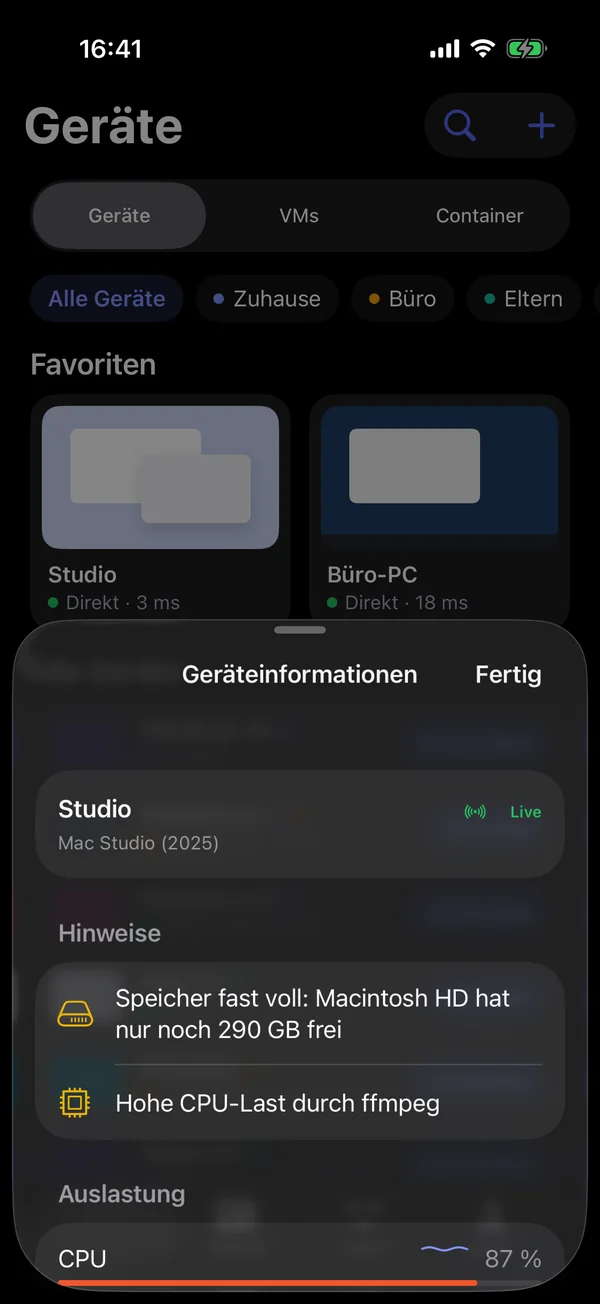 Geräteinformationen mit Auslastung, Speicher und Hinweisen