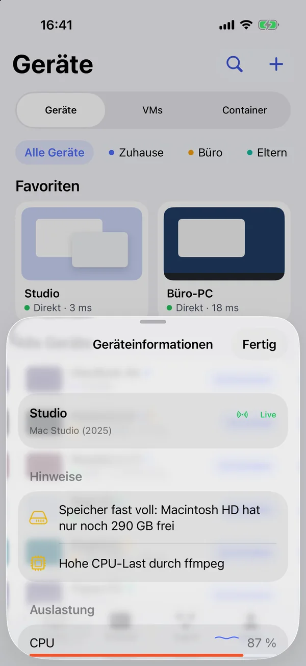 Geräteinformationen mit Auslastung, Speicher und Hinweisen