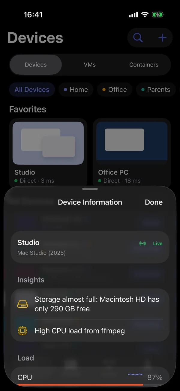 Device information with load, storage and insights