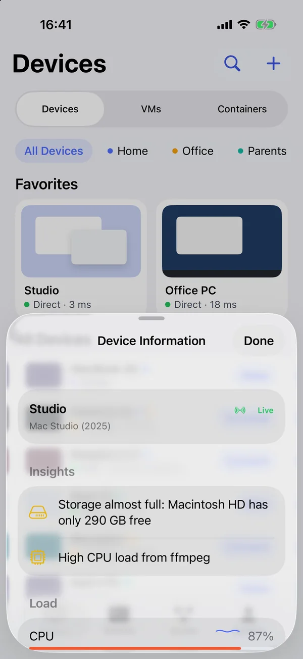 Device information with load, storage and insights