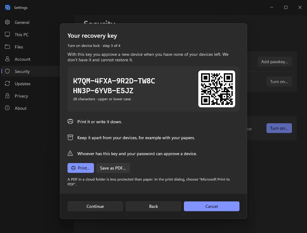 The recovery key when turning on device lock