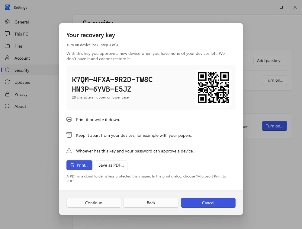 The recovery key when turning on device lock