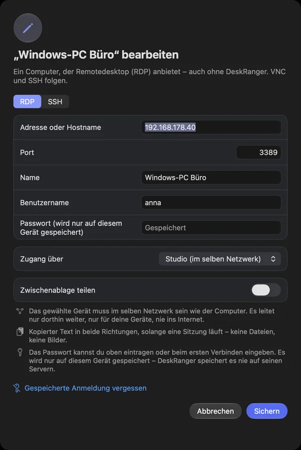 Einen Remotedesktop bearbeiten: das Passwort ist auf diesem Gerät gespeichert