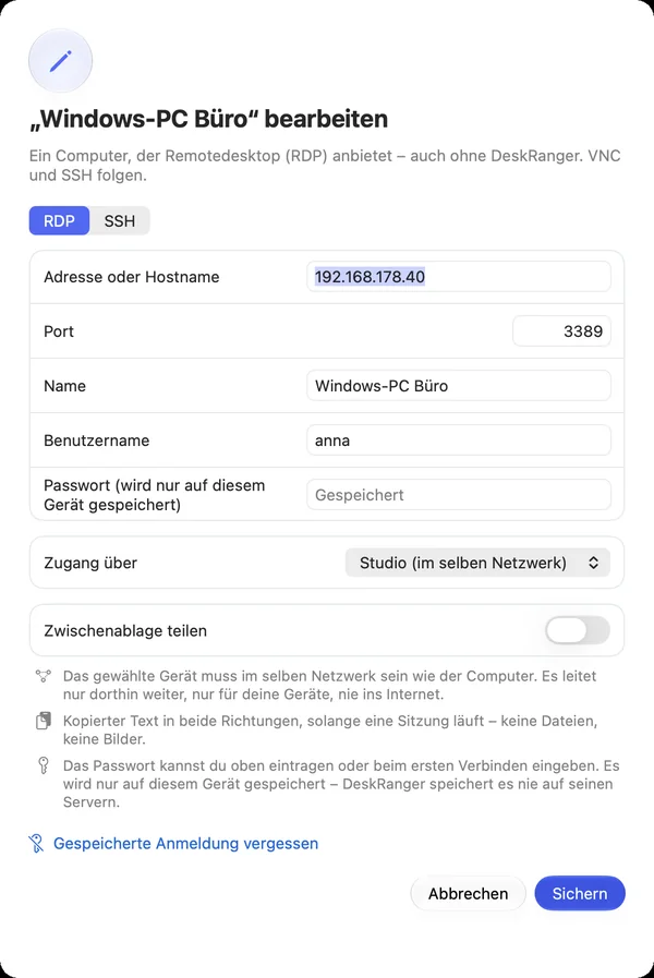 Einen Remotedesktop bearbeiten: das Passwort ist auf diesem Gerät gespeichert
