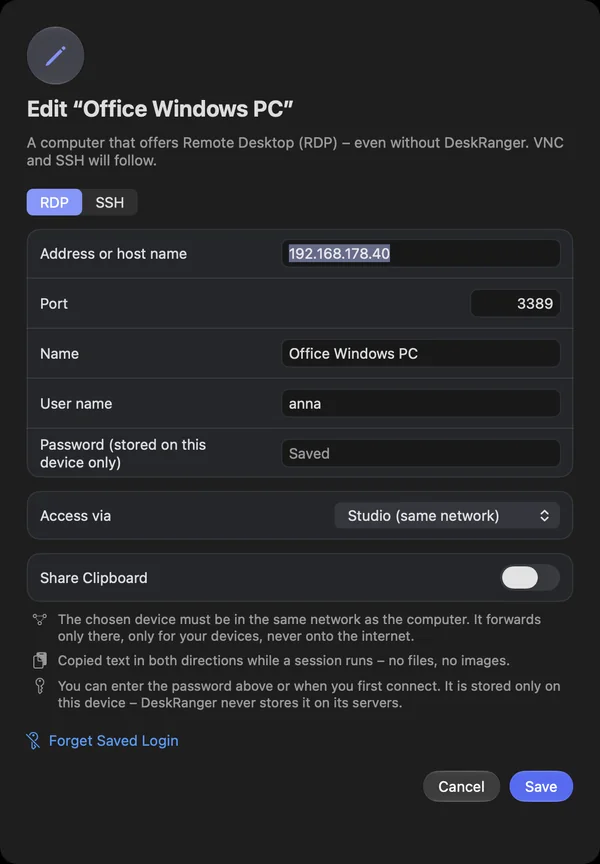 Edit a remote desktop: the password is saved on this device