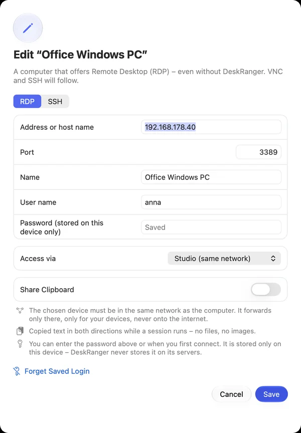 Edit a remote desktop: the password is saved on this device