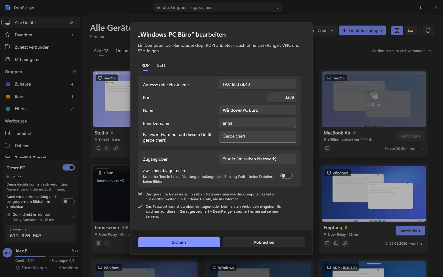 Einen Remotedesktop bearbeiten: das Passwort ist auf diesem Gerät gespeichert