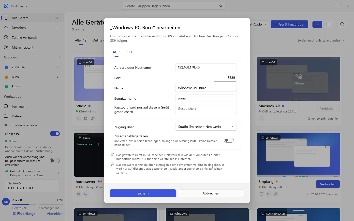 Einen Remotedesktop bearbeiten: das Passwort ist auf diesem Gerät gespeichert