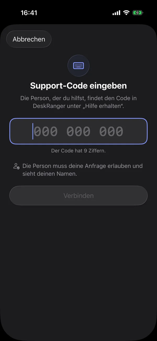 Support-Code eingeben