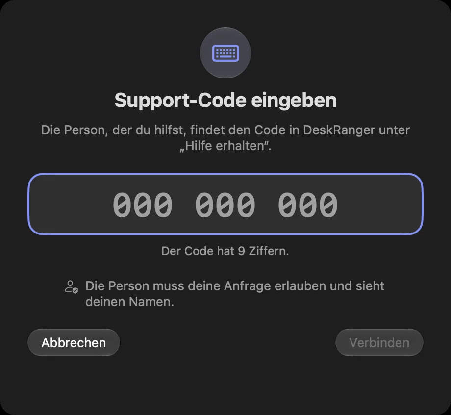 Support-Code eingeben