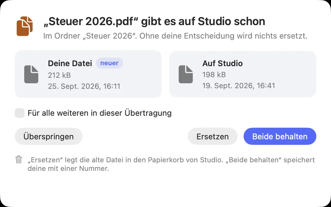 Die Frage, wenn es eine Datei schon gibt: Beide behalten, Ersetzen, Überspringen