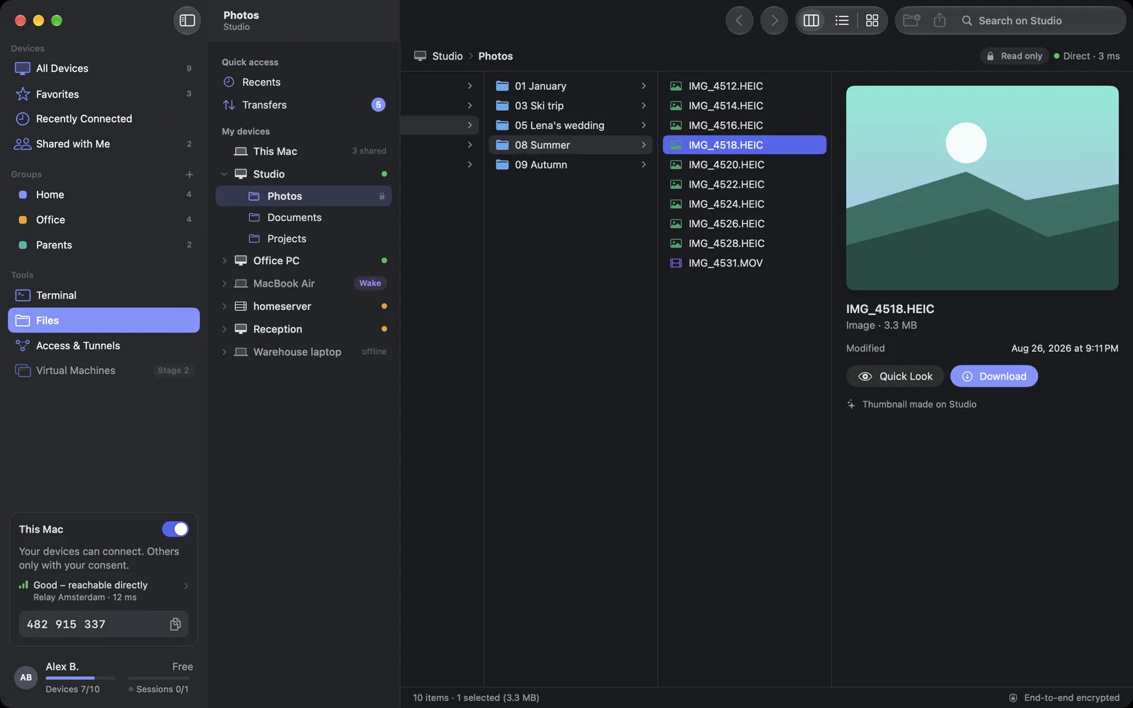 The Files page: devices with shared folders, column view and preview