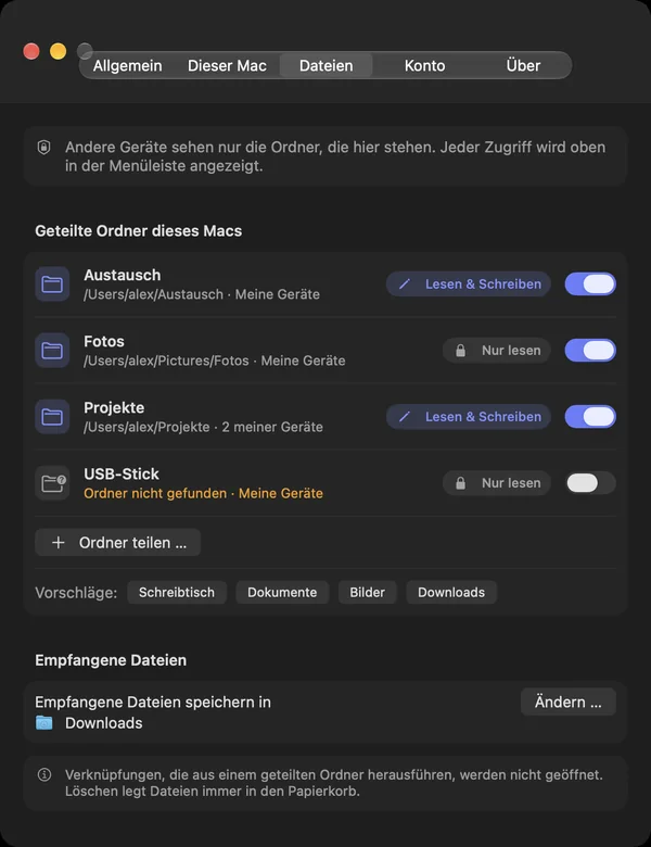 Einstellungen › Dateien mit den geteilten Ordnern dieses Macs