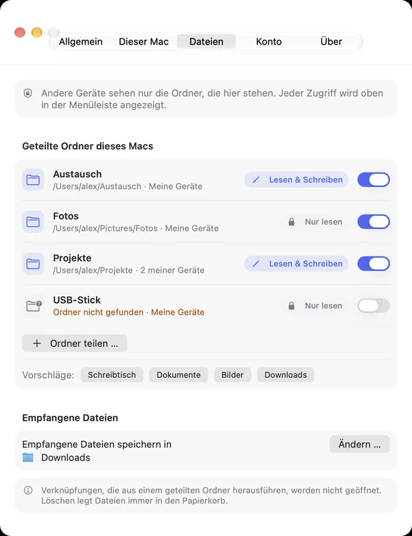 Einstellungen › Dateien mit den geteilten Ordnern dieses Macs