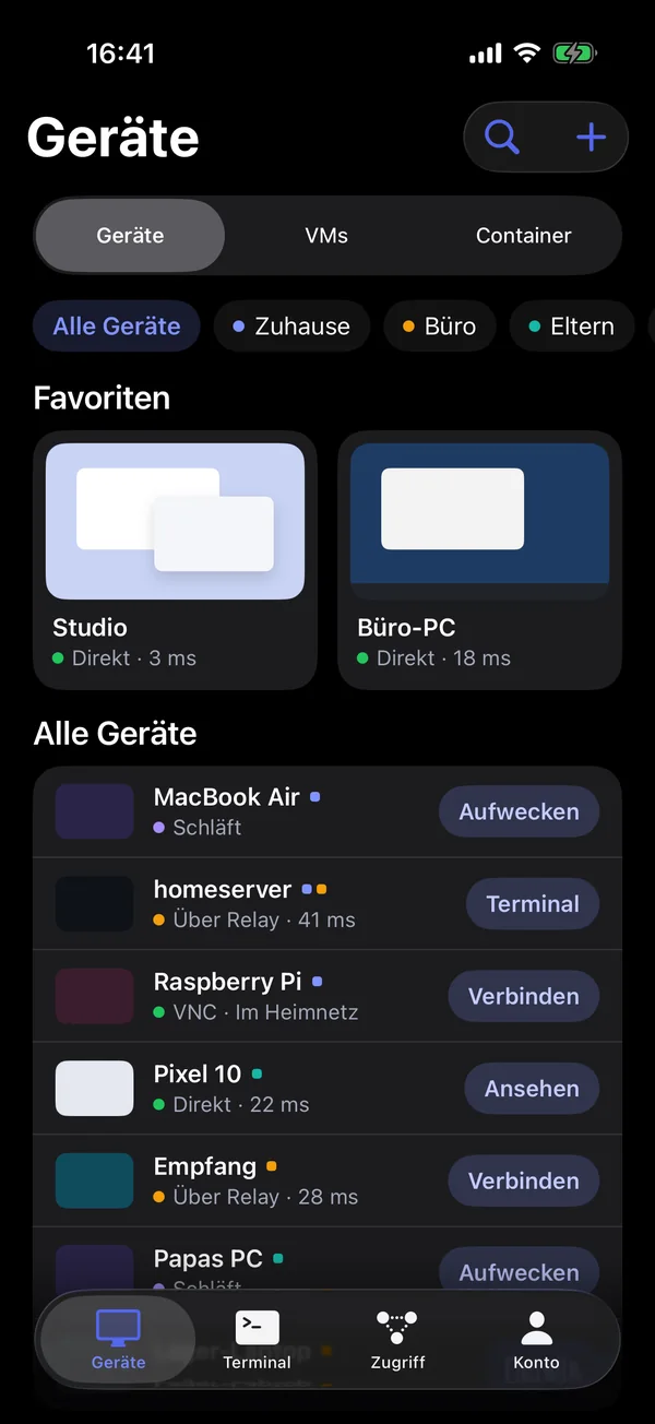 Die Geräteliste mit dem Knopf „Verbinden“