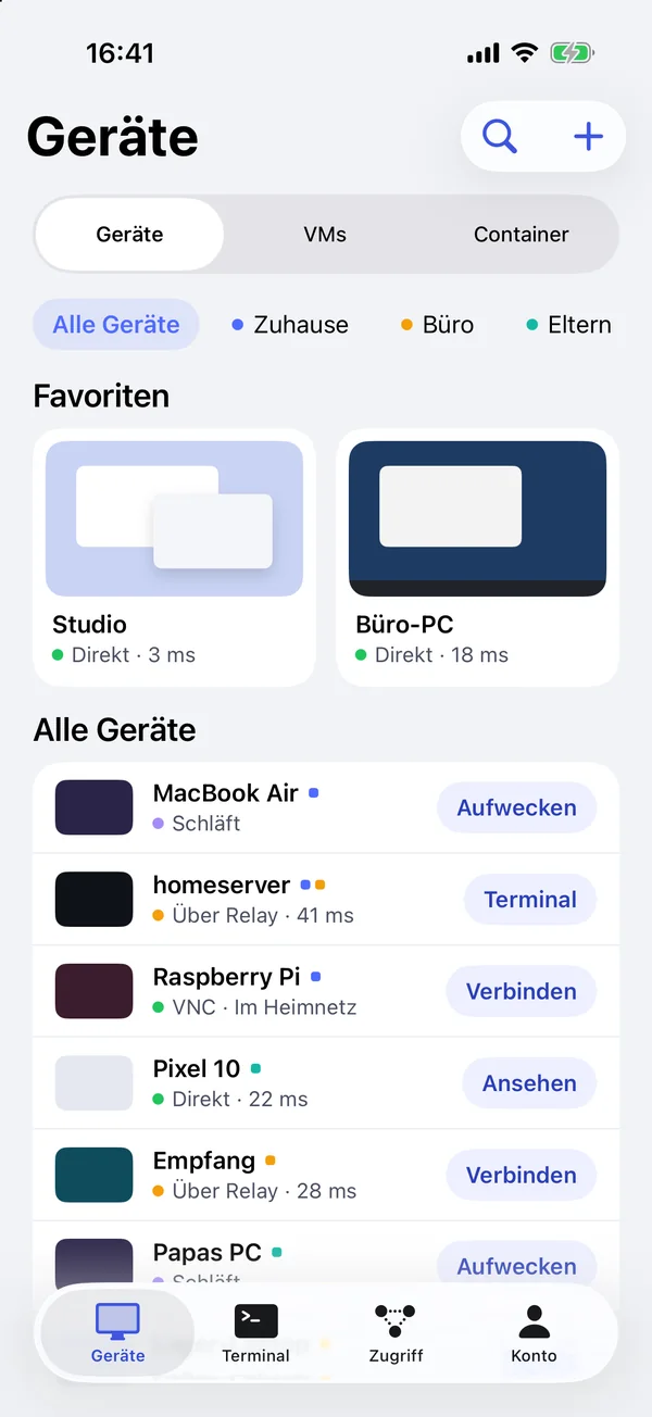 Die Geräteliste mit dem Knopf „Verbinden“