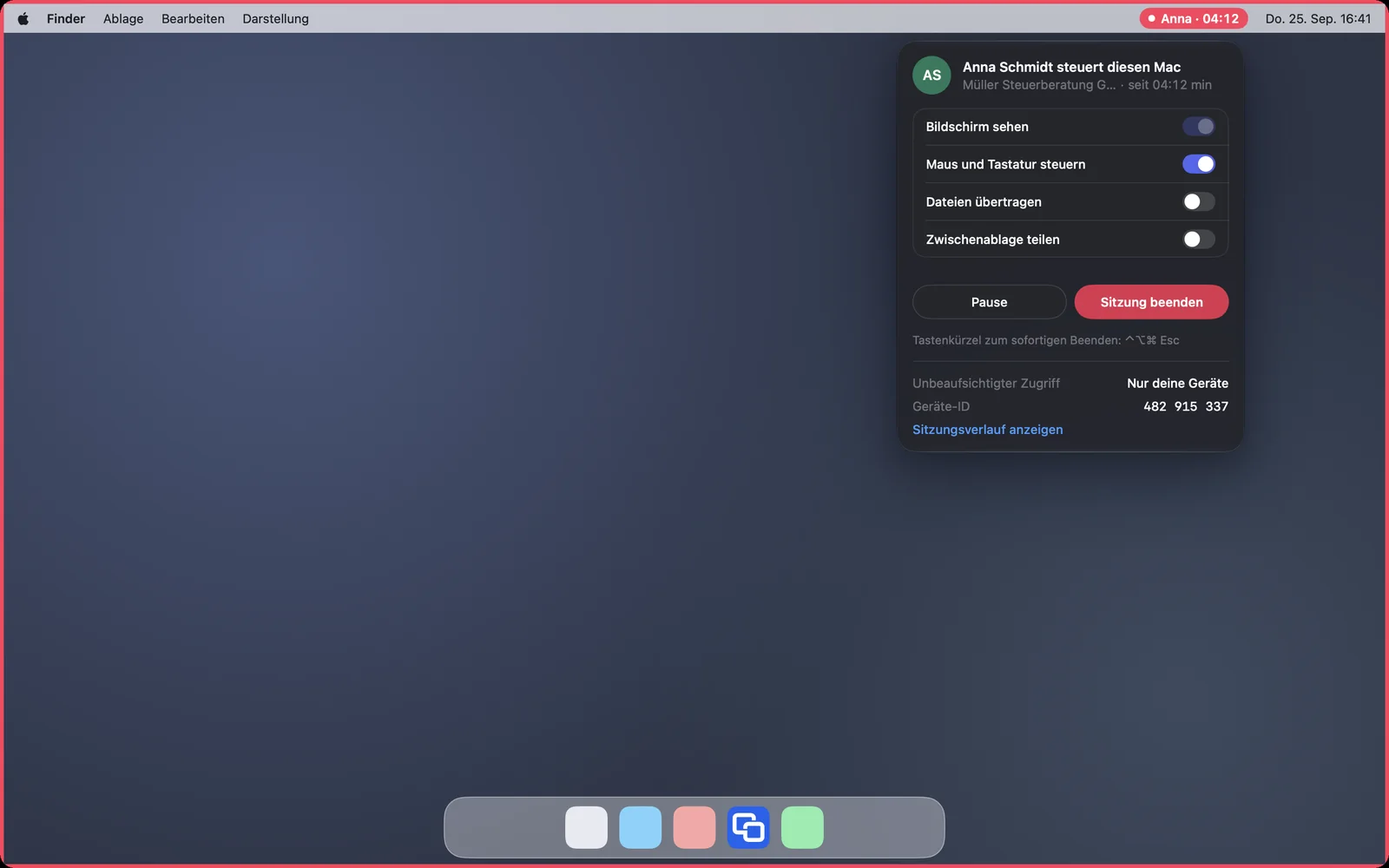 Der Mac während einer Sitzung: rote Anzeige in der Menüleiste und roter Rahmen