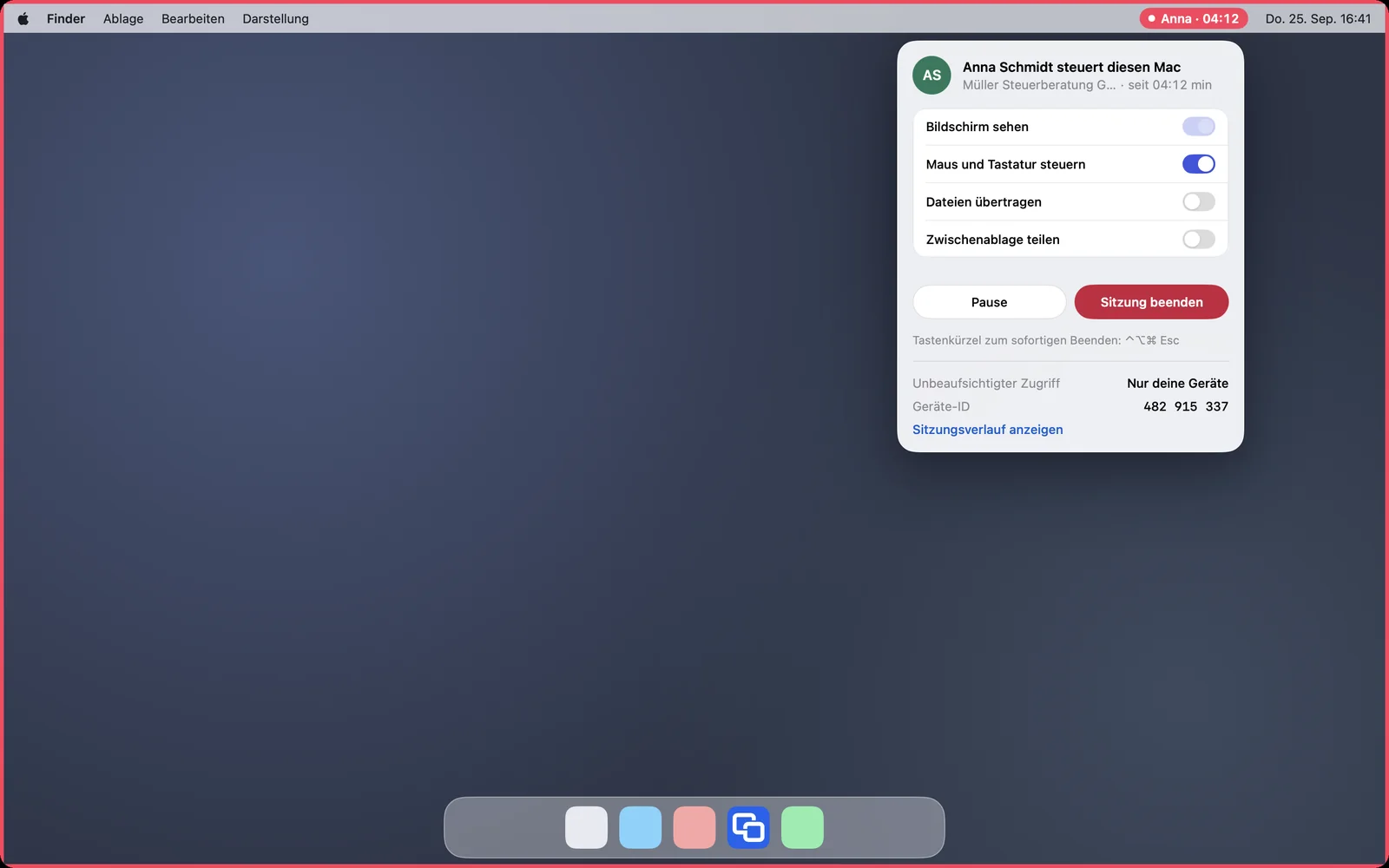 Der Mac während einer Sitzung: rote Anzeige in der Menüleiste und roter Rahmen