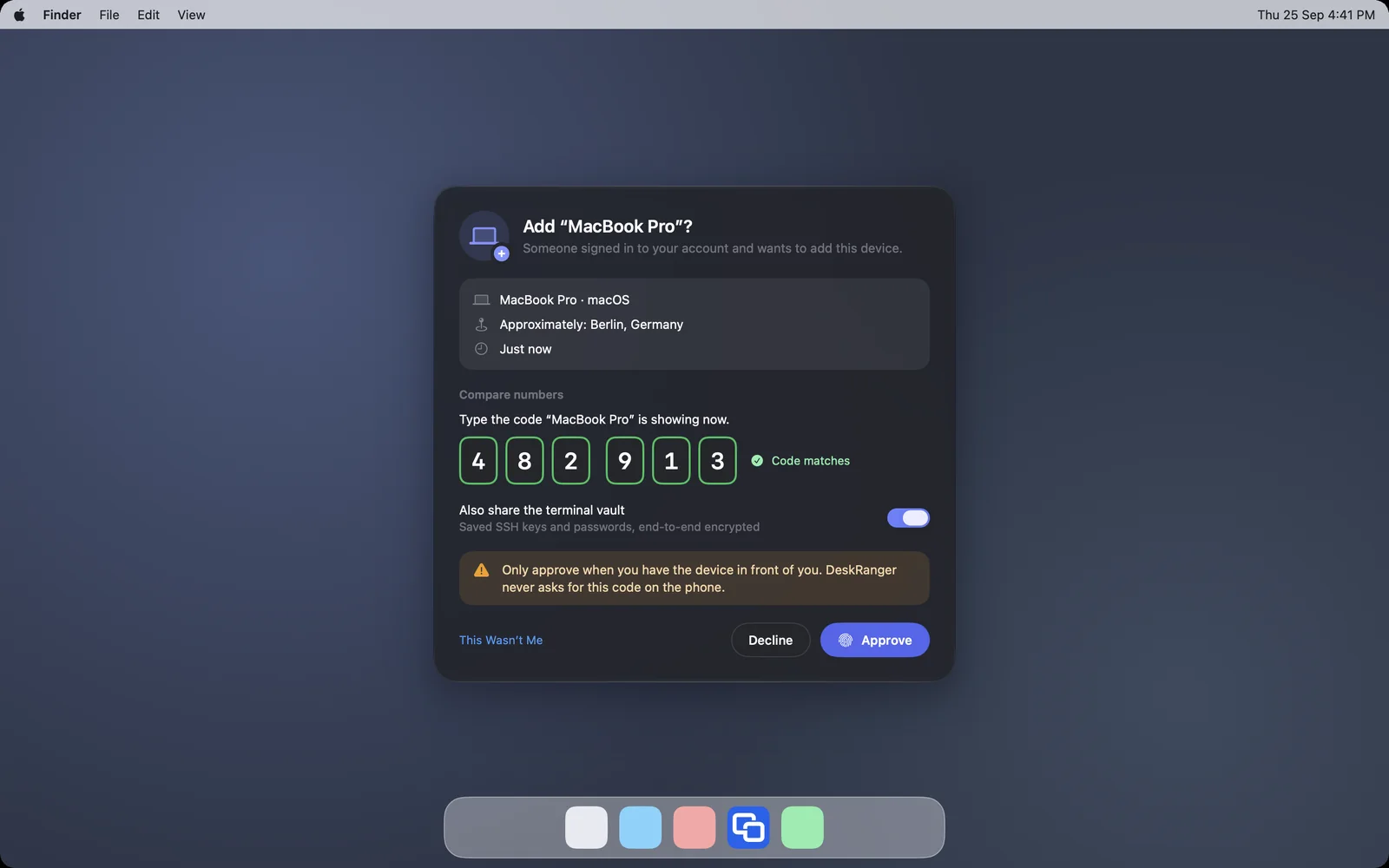 A trusted device approves a new device: place, time and the typed code